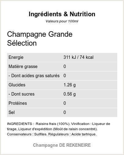 Champagne Grande S�lection - Ingr�dients et Nutrition - QR-VIN.com